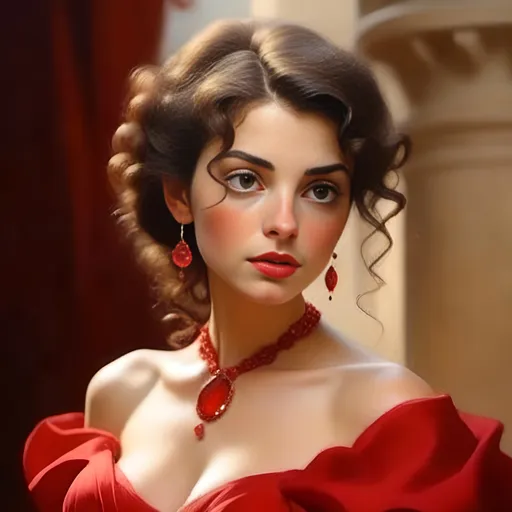 Prompt: <mymodel> An extremely gorgeous woman,  with pearl jewelry, in color scheme of red