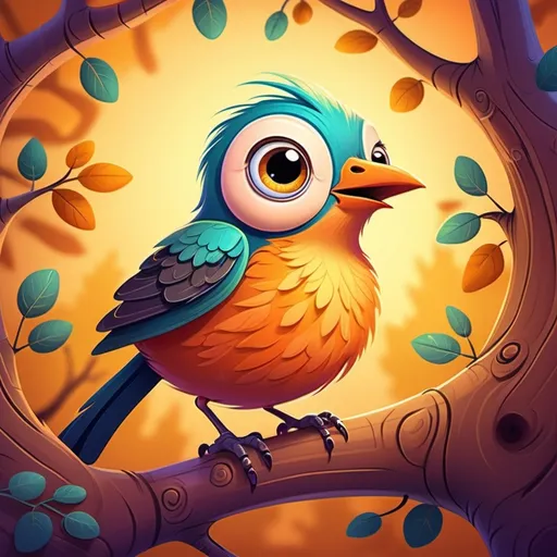 Prompt: Cartoon illustration of a bird in a tree, vibrant colors, warm atmosphere, big expressive eyes, high quality, vibrant colors, cute cartoon, detailed fur, playful, whimsical, warm lighting