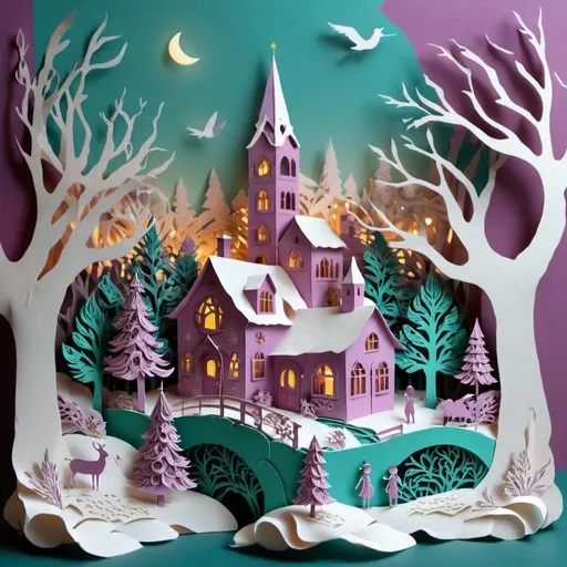 Prompt: Christmas scape in mauve and turquoise