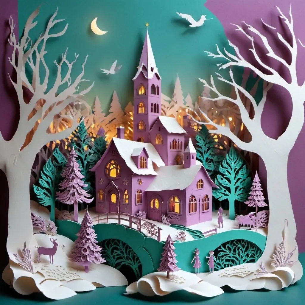 Prompt: Christmas scape in mauve and turquoise