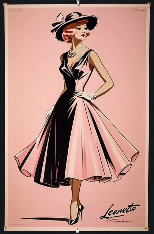 Prompt: (retro hand-drawn fashion advertisement poster), (Leonetto Cappiello style), full body, black background, pastel Pink dress
