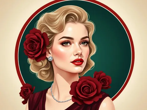 Prompt: This is a digital illustration in a vintage, pin-up style. The central subject is a Caucasian woman with fair skin and classic 1940s-inspired beauty. She has wavy, shoulder-length blonde hair, styled in soft curls that frame her face. Her green eyes are accentuated with dark eyeliner and mascara, and she has well-defined eyebrows. Her lips are painted a deep, rich red, matching the two large, dark red roses that adorn her hair on the left side and her dress collar on the right. She is wearing a dark red dress with a simple, elegant neckline. A small, sparkling diamond earring is visible on her left ear. The background is a solid dark green circle, bordered by a thin red ring, set against a beige gradient that transitions to white at the edges. The overall composition and color palette evoke a sense of classic Hollywood glamour and nostalgia. The illustration is highly detailed, with smooth shading and a polished, almost airbrushed finish, highlighting the subject's elegant and timeless beauty.