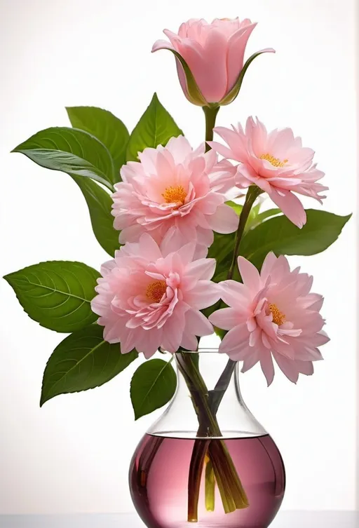 Prompt: pink flowers in a glass vase