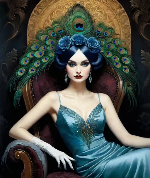 Prompt: a woman in a blue dress sitting on a chair with a peacock feather headpiece on her head, Daniel Merriam, gothic art, dark fantasy art, an art deco painting