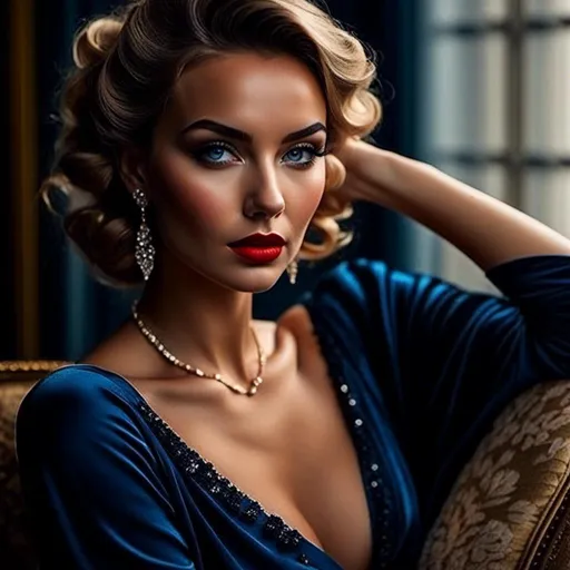 Prompt: <mymodel>Glamorously dressed 1930's lady, sapphire jewelry, blue eyes, vintage glam, luxurious satin gown, elegant updo hairstyle, detailed facial features, high-quality, vintage, glamorous, detailed sapphire jewelry, sophisticated makeup, atmospheric lighting, deep blue color tones, classic Hollywood style