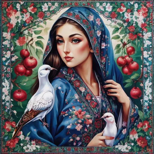 Prompt: A colorful design in the dimensions of 140x140 centimeters, its main theme is white and red, there are pomegranates and cherry blossoms in it, and some green leaves and branches and traditional Iranian designs are used, and there are small birds in it.