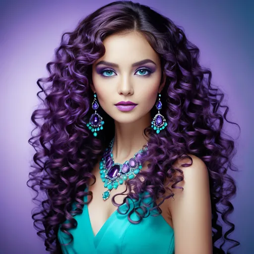Prompt: <mymodel>An extremely gorgeous woman,  with turquoise jewels, in color scheme of purple, long curly hair