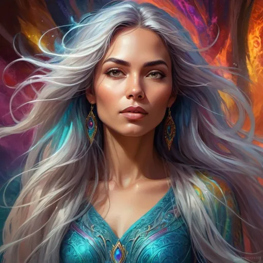 Prompt: Detailed digital painting of a powerful woman, vibrant colors, magical fantasy setting, flowing hair with intricate details, intense and confident expression, ethereal and mystical atmosphere, high quality, digital painting, fantasy, vibrant colors, flowing hair, powerful, confident, mystical, atmospheric lighting