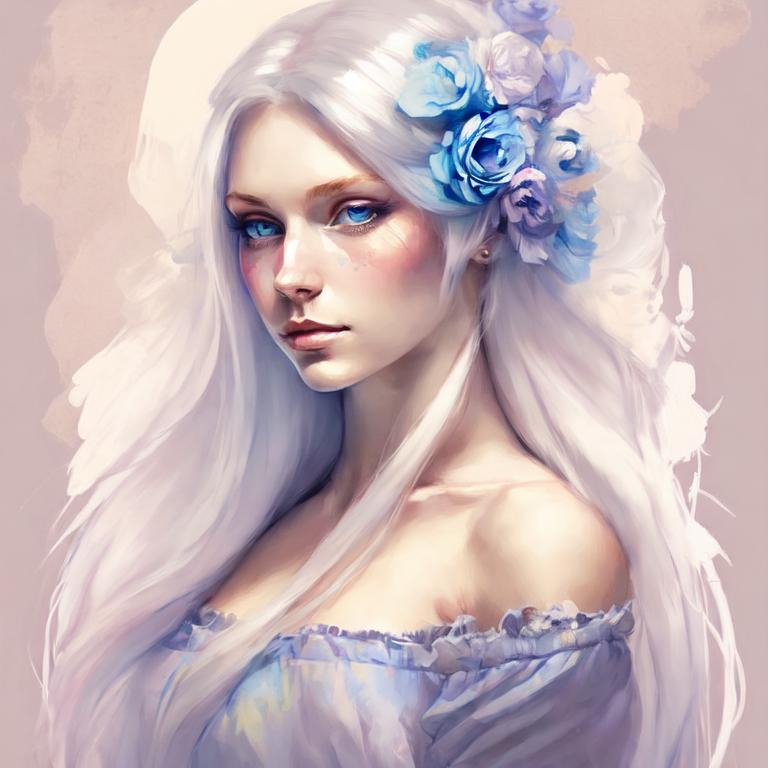 Prompt: A beautiful woman with long white hair., pretty flowers in her hair, blue eyes, pastel color palette