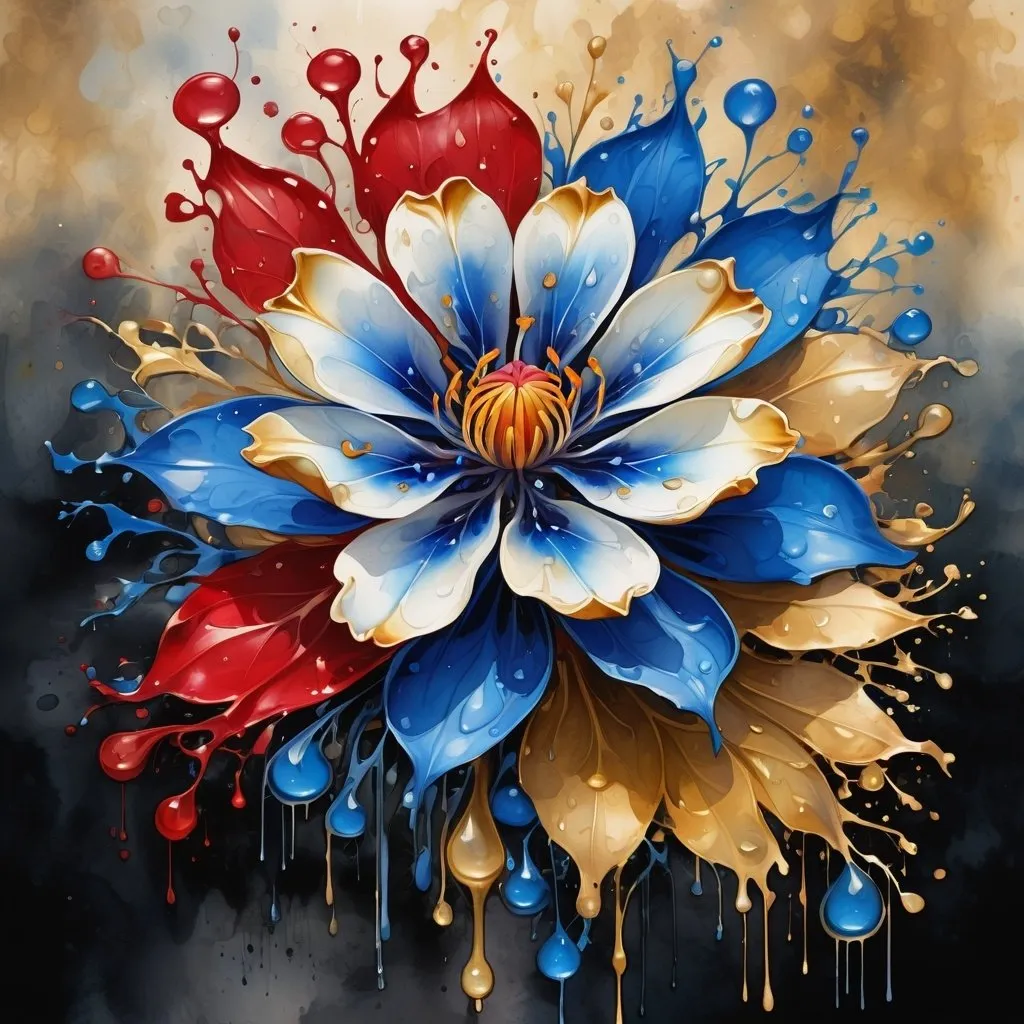 Prompt: digital watercolor painting, a painting of a blue and gold flower with drops of water on it's petals and leaves on the petals, Android Jones, generative art, fractals, an airbrush painting, paint splatter, black and red, bold brush strokes, art nouveau