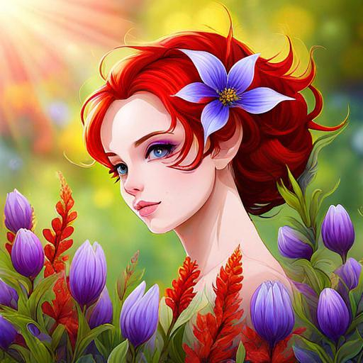 Prompt: a fairy of spring, ,wildflowers, vivid colors,  facial closeup