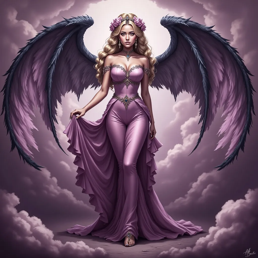 Prompt: A woman in a long pink dress, elegant and ethereal, displays majestic wings on her back, softly glowing in the light, surrounded by a dreamy atmosphere, cloudy pink background, delicate pastel tones merging, capturing a feeling of serenity and whimsy, ultra-detailed, high-quality, magical ambiance.