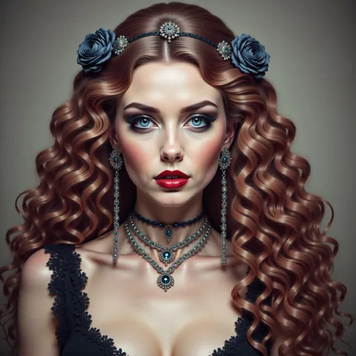 Prompt: a woman with long hair and a necklace on her neck and a red lipstick on her cheek and a black dress, Carla Wyzgala, gothic art, highly detailed digital painting, a photorealistic painting