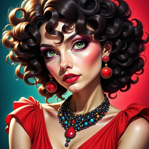 Prompt: a woman in a red dress with a necklace and earrings on her neck and a red dress with a red background, Edwin Georgi, gothic art, highly detailed digital painting, a photorealistic painting