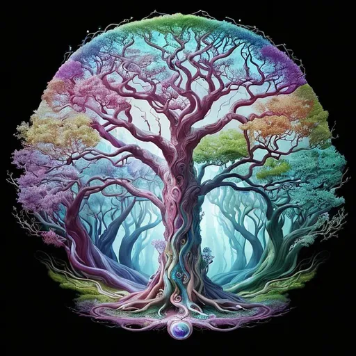 Prompt: Surrealistic depiction of the Tree of Life, vibrant and otherworldly, swirling branches and roots, dreamlike atmosphere, mysterious and enchanting, high quality, detailed surrealism, magical realism, whimsical colors, ethereal lighting, mystical infusion, vibrant and dreamlike, mystical, enchanted, surrealism, vibrant colors, swirling branches, dreamlike, high quality, detailed, magical realism, ethereal lighting