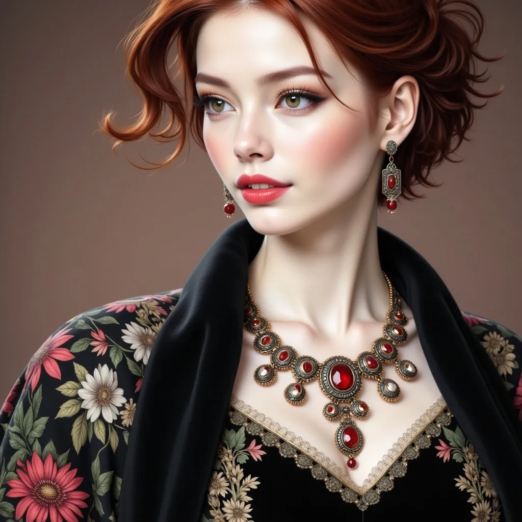 Prompt: a woman with a necklace and earrings on her neck and a red lip and a black dress on her chest, Edwin Georgi, gothic art, highly detailed digital painting, a photorealistic painting