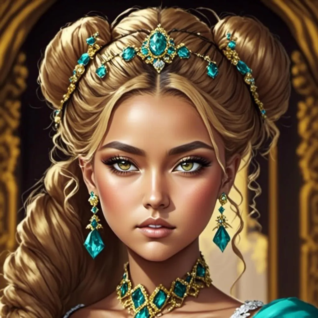 Prompt: <mymodel>ooo bi An extremely gorgeous woman,  with turquoise jewels, in color scheme of turquoise and gold