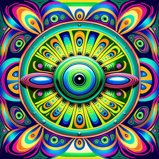 Prompt: <mymodel>Flying saucer UFO and little green men in psychedelic poster art style, vibrant and surreal colors, detailed metallic surface of the saucer, intricate psychedelic patterns on the saucer, small green humanoids with bug-like eyes, swirling and vibrant background, high quality, poster art, surreal, vibrant colors, detailed metallic surface, intricate patterns, psychedelic, bug-like eyes, surreal background, professional lighting