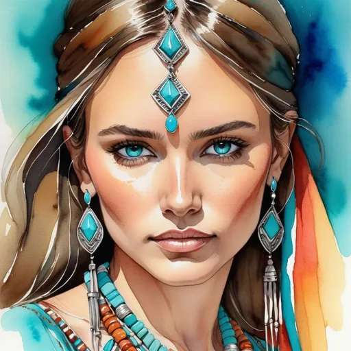 Prompt: Watercolor and pen sketch of a young woman in southwestern style, turquoise jewelry, flowing attire, intricate details, vibrant colors, high quality, southwest art, watercolor, pen sketch, detailed jewelry, flowing attire, vibrant colors, beautiful woman, high quality imagery, professional, atmospheric lighting