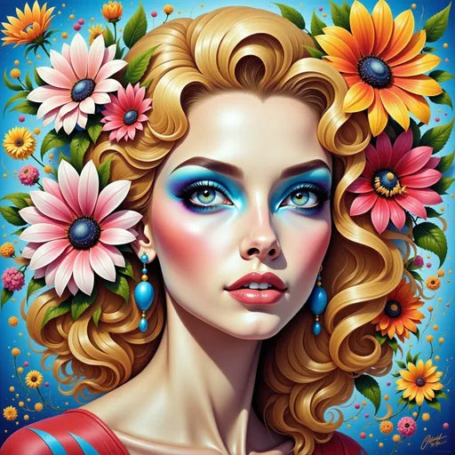 Prompt: a painting of a woman with flowers in her hair and blue eyes, wearing a red dress and a flower in her hair, Edwin Georgi, figurative art, highly detailed digital painting, a pop art painting