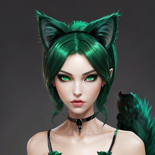 Prompt: Emerald lady with cat eyes and cat ears