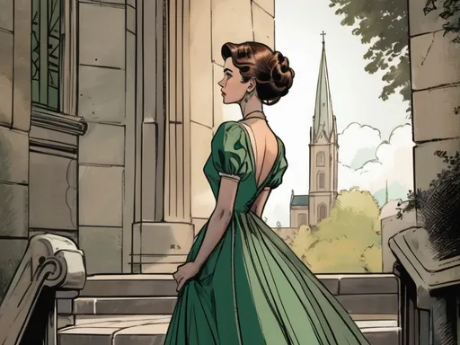 Prompt: This is a digital drawing in a vintage, comic book style. The central subject is a woman with fair skin and brown hair styled in an elegant updo, standing on a stone staircase. She is seen from behind, looking towards a distant church with a tall, pointed steeple. The woman is wearing a green, floor-length gown with puffed short sleeves and a deep, backless cut that reveals her upper back. The gown is cinched at the waist with a black ribbon. Her posture is graceful, with one hand resting on her hip.

The staircase she stands on is on the left side of the image, with ornate, wrought-iron railings. The steps are shaded in dark green, contrasting with the lighter green and beige tones of the stone. On the right side of the image, dense, dark green foliage frames the scene, adding a sense of depth and enclosure. In the background, the sky is a light, almost white hue, and the church stands tall with its spire reaching upwards, partially obscured by the trees. The overall color palette is dominated by greens, beige, and light brown, giving the image a nostalgic, romantic feel. The lines are clean and the shading is subtle, enhancing the vintage aesthetic.