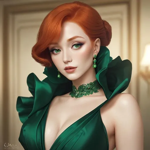 Prompt: Elegantly dressed lady,  emerald evening gown, ginger hair in an uodo, pretty makeup, facial closeup