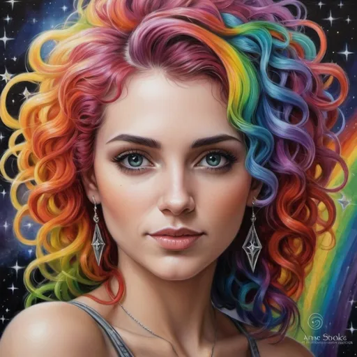 Prompt: <mymodel> a painting of a woman with very curly, rainbow hair, stars around her,, Anne Stokes, fantasy art, stars, a detailed painting