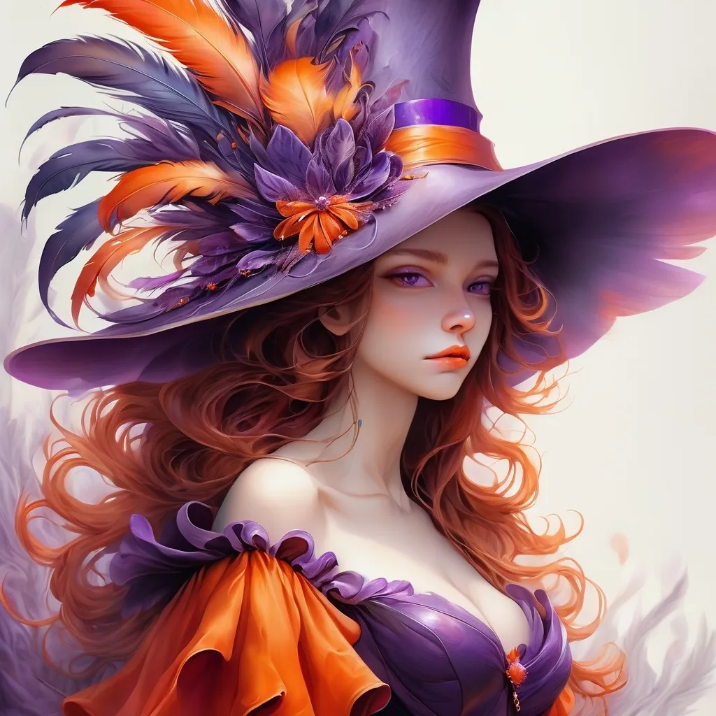 Prompt: a woman wearing a large hat with feathers on it's head and a purple dress with orange trim, Anna Dittmann, fantasy art, highly detailed digital painting, an ultrafine detailed painting