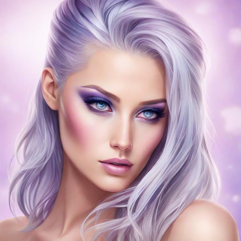 Prompt: A beautiful woman, white hair with pastel purple highlights, violet eyes, blue eyeshadow, pastel blue roses in her hair, blue jewels on forehead, cartoon style