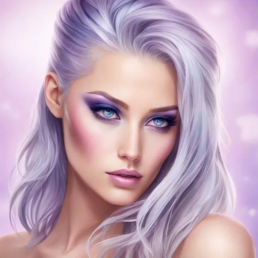 Prompt: A beautiful woman, white hair with pastel purple highlights, violet eyes, blue eyeshadow, pastel blue roses in her hair, blue jewels on forehead, cartoon style