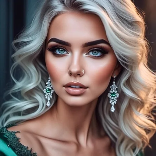 Prompt: <mymodel>High-res, realistic portrait of a stylish woman, vibrant green color scheme, large expressive green eyes, flawless makeup, luxurious green fabrics, elegant pose, detailed hair and accessories, professional, high-quality, realistic, green tones, detailed eyes, elegant styling, natural lighting
