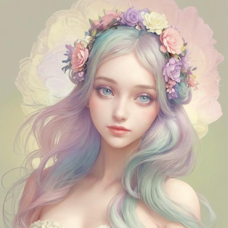 Prompt: Beautiful creation, woman with flowers in her hair, pastel colors