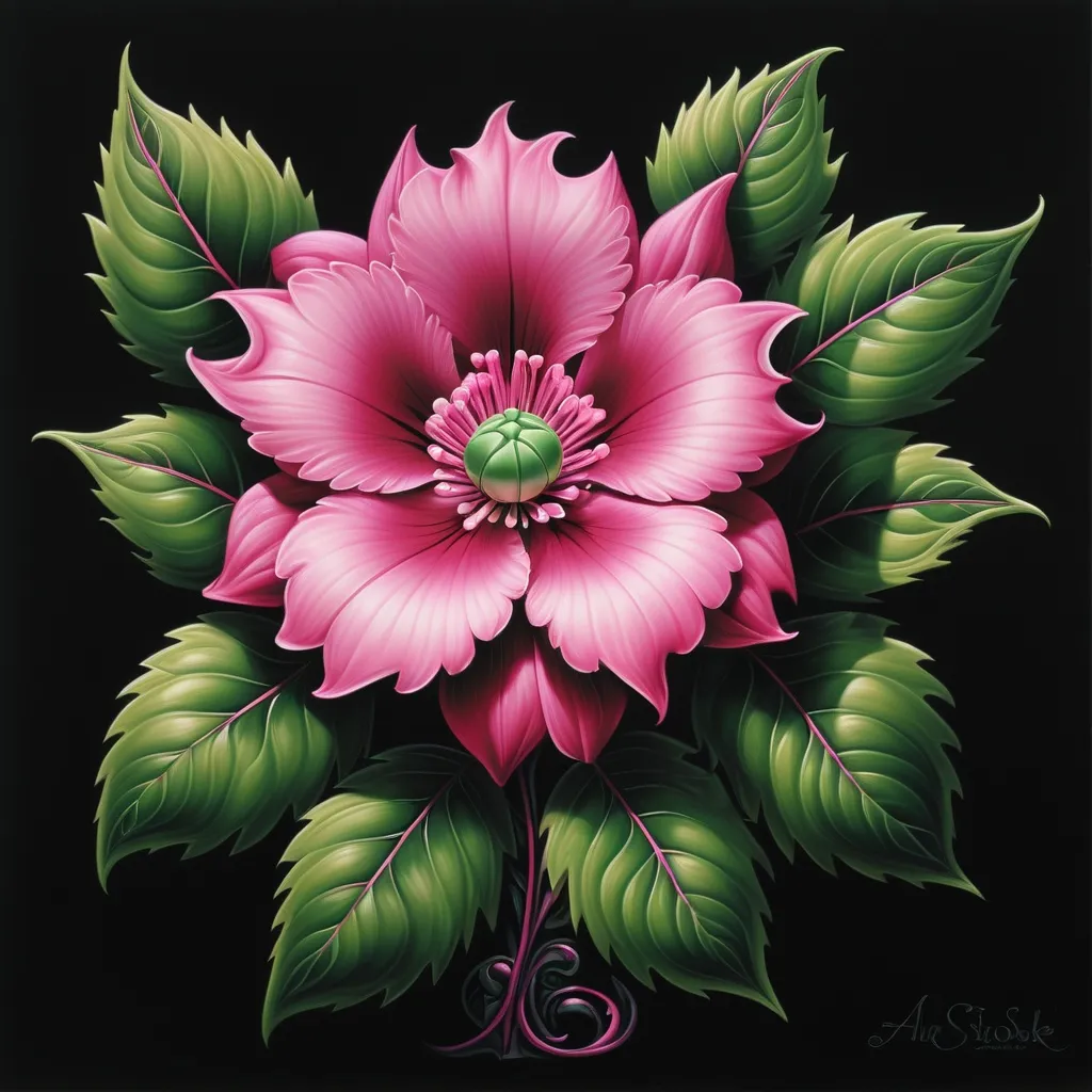 Prompt: a painting of a pink flower with green leaves on a black background with a black background behind it is a picture of a pink flower, Anne Stokes, cloisonnism, highly detailed digital painting, an airbrush painting