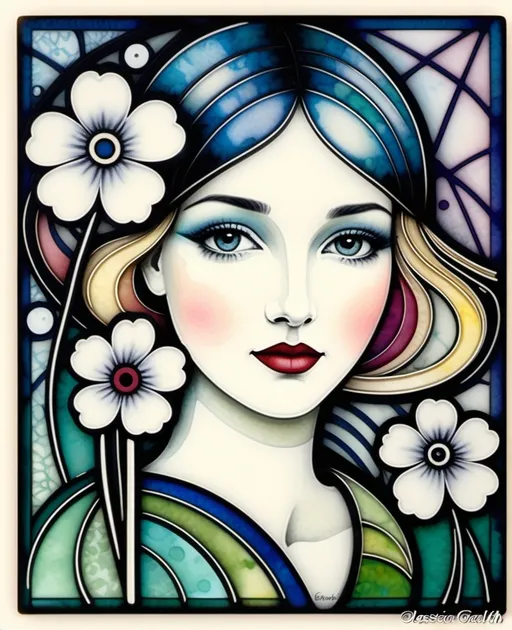 Prompt: Abstract encaustic texture, gradient inking colors, Jessica Galbreth, Irmgard Schoendorf Welch, Javier Mariscal, Charles Rennie Mackintosh, Lee Mullican style, a beautiful whimsical young woman, wonderland, decoupage.