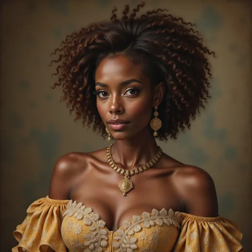 Prompt: Bathed in soft, warm lighting, a woman with striking features and rich, deep skin captivates the viewer, her expressive gaze framed by voluminous, naturally curly hair. She wears a stunning off-the-shoulder gown of golden fabric, elegantly adorned with intricate lace details, which emphasizes the graceful curve of her shoulders. Gold jewelry, including dangling earrings and a delicate necklace, adds a touch of opulence, accentuating her graceful demeanor. The muted, textured background complements her radiant presence, creating an atmosphere of elegance and sophistication, while the overall composition highlights her beauty and poise. This portrait exudes a sense of confidence and cultural richness, inviting admiration and intrigue.