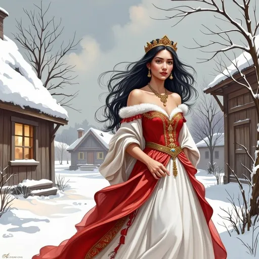 Prompt: This is a highly detailed digital illustration of a regal, fair-skinned woman standing in a snowy village. She has long, flowing black hair and wears a gold crown adorned with small jewels. Her red and gold off-shoulder gown features intricate gold embroidery and a white fur trim at the neckline. The dress has a red, ruffled bodice with gold accents and a long, white skirt that flows gracefully to the ground. She also wears a gold necklace with a large pendant and matching earrings. Her lips are painted a bold red, matching her gown. 

The background shows a serene, snowy village with two wooden buildings, one with a warmly lit window on the left and another on the right. The roofs are covered in thick snow, and bare trees can be seen in the distance. The sky is overcast, adding a sense of cold and calm to the scene. Snow covers the ground and the woman's gown has a slight trail behind her. The overall style of the illustration is realistic with a fantasy element, emphasizing the regal and elegant nature of the woman in contrast to the tranquil, snowy village setting.