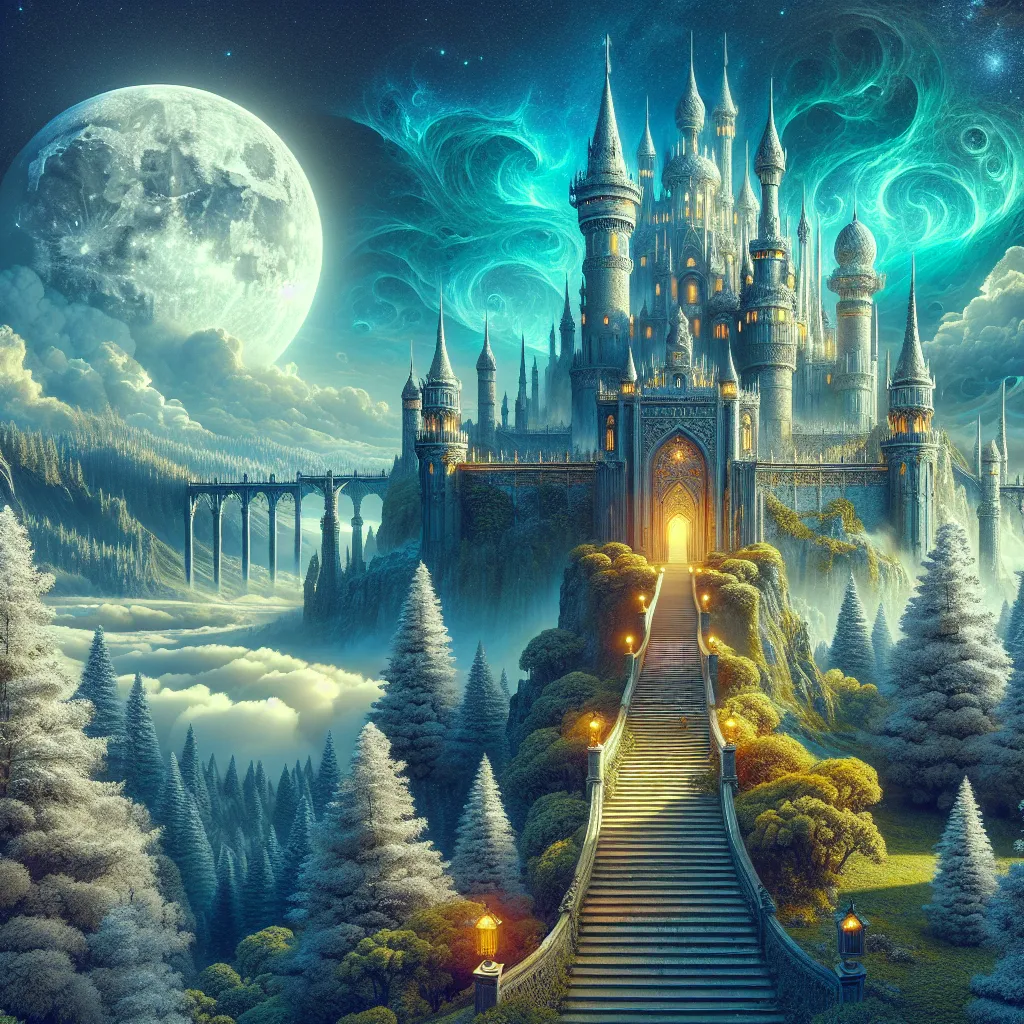 Prompt: a  fantasy castle with a staircase leading to it and trees around it in the background, with a full moon in the sky, bright colors, Chris LaBrooy, fantasy art, matte fantasy painting, a detailed matte painting