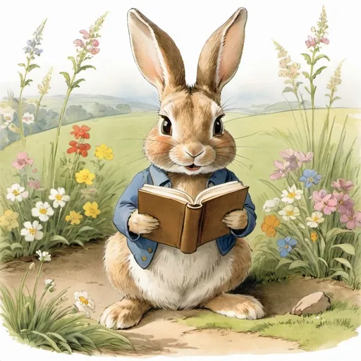 Prompt: a rabbit reading a book while sitting on the ground with its eyes open and ears closed, with grass and flowers in the background, Beatrix Potter, art & language, storybook illustration, a storybook illustration