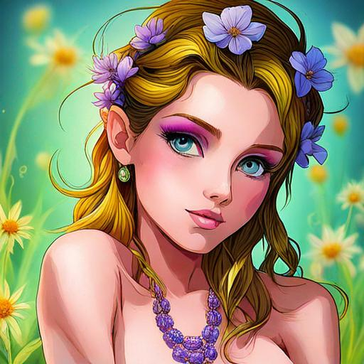 Prompt: a fairy of spring, ,wildflowers, vivid colors,  facial closeup