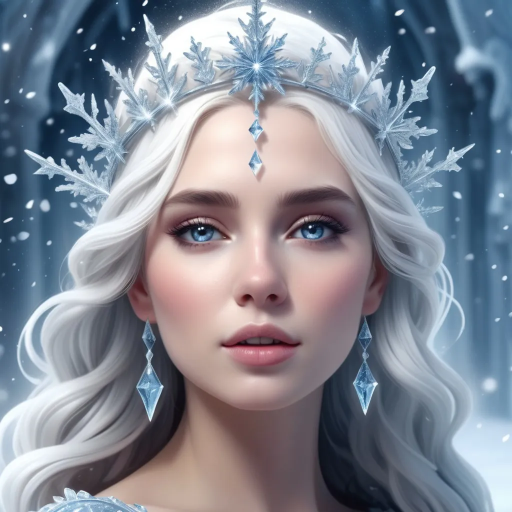 Prompt: (ice queen), ethereal beauty, glistening ice crystals, flowing icy gown, detailed ornate crown, frosty blue and silver tones, sparkling snowflakes in the air, majestic winter landscape, enchanting atmosphere, bright white light contrasts with cool shades, high detail, ultra-detailed, 4K quality, captivating and magical ambiance.