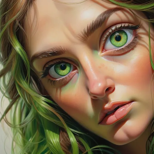 Prompt: Close-up, realistic painting of mesmerizing green eyes, lifelike details, vibrant shades of green, subtle reflections, high resolution, realistic painting, detailed facial features, intense gaze, professional, lifelike, vibrant green, high quality, realistic, detailed, atmospheric lighting