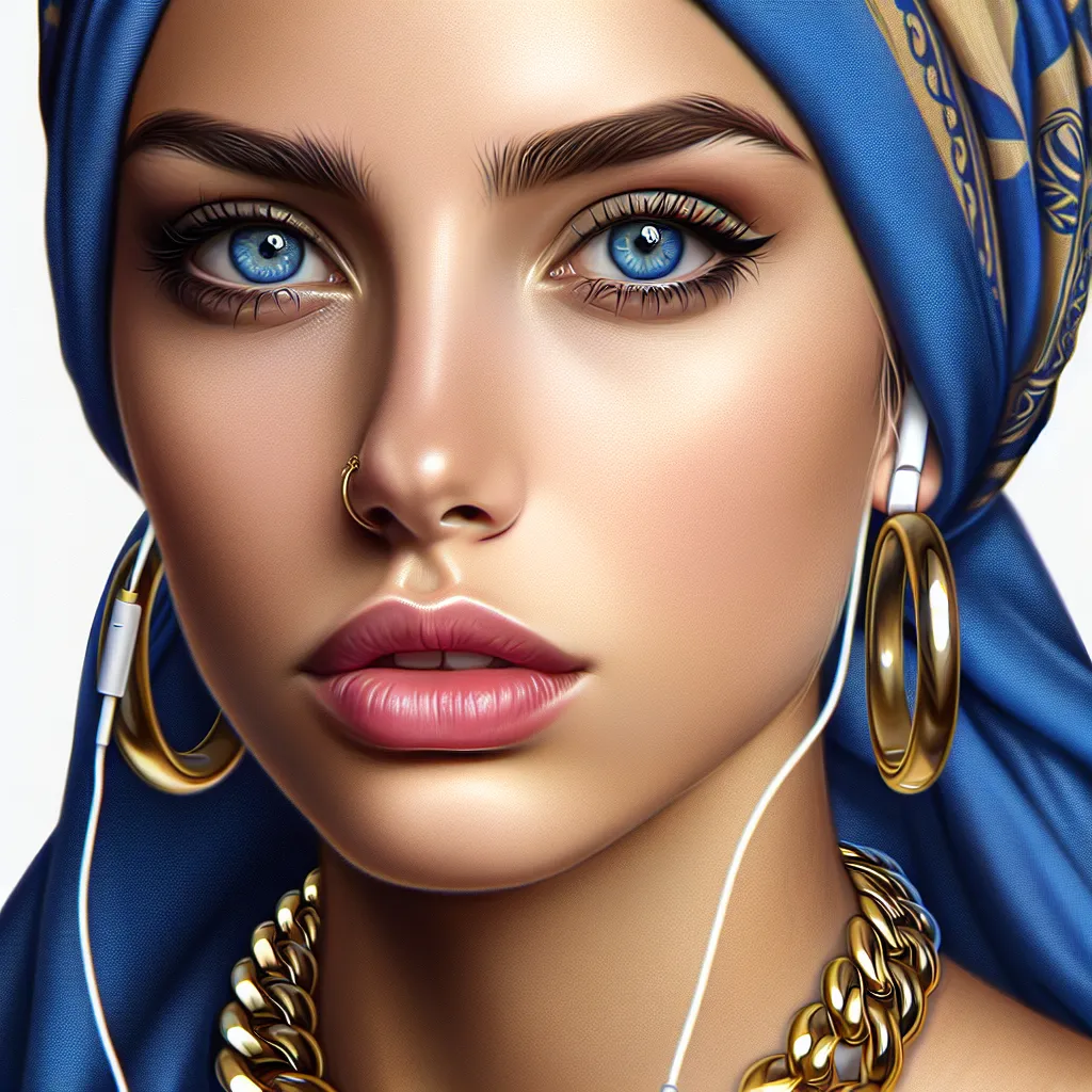 Prompt: <mymodel> a painting of a woman wearing a blue head scarf and a blue necklace with a gold chain around her neck, Chinwe Chukwuogo-Roy, photorealism, highly detailed digital painting, a photorealistic painting