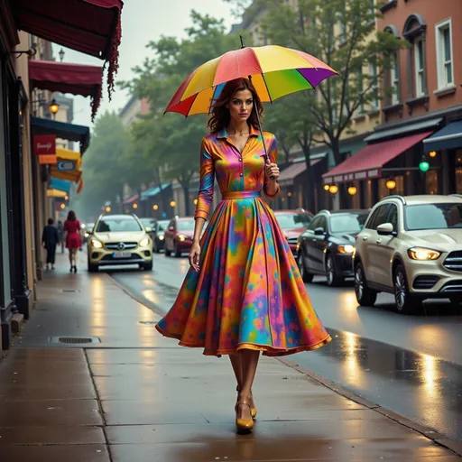 Prompt: a woman walking down a street holding an umbrella in the rain with cars parked on the side of the road, Anka Zhuravleva, art photography, fashion photography, a photorealistic painting