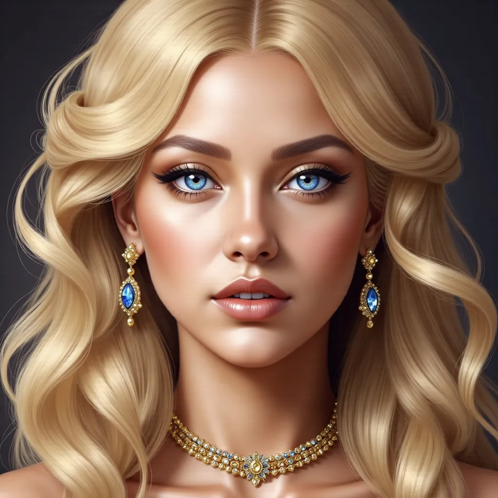 Prompt: a painting of a blonde woman with blue eyes and a necklace and earrings on her neck and chest, with a dark background, Artgerm, photorealism, highly detailed digital painting, a photorealistic painting