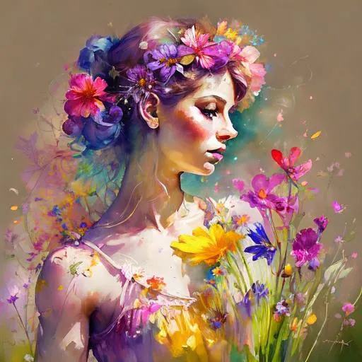 Prompt: a fairy of spring, ,wildflowers, vivid colors,  facial closeup