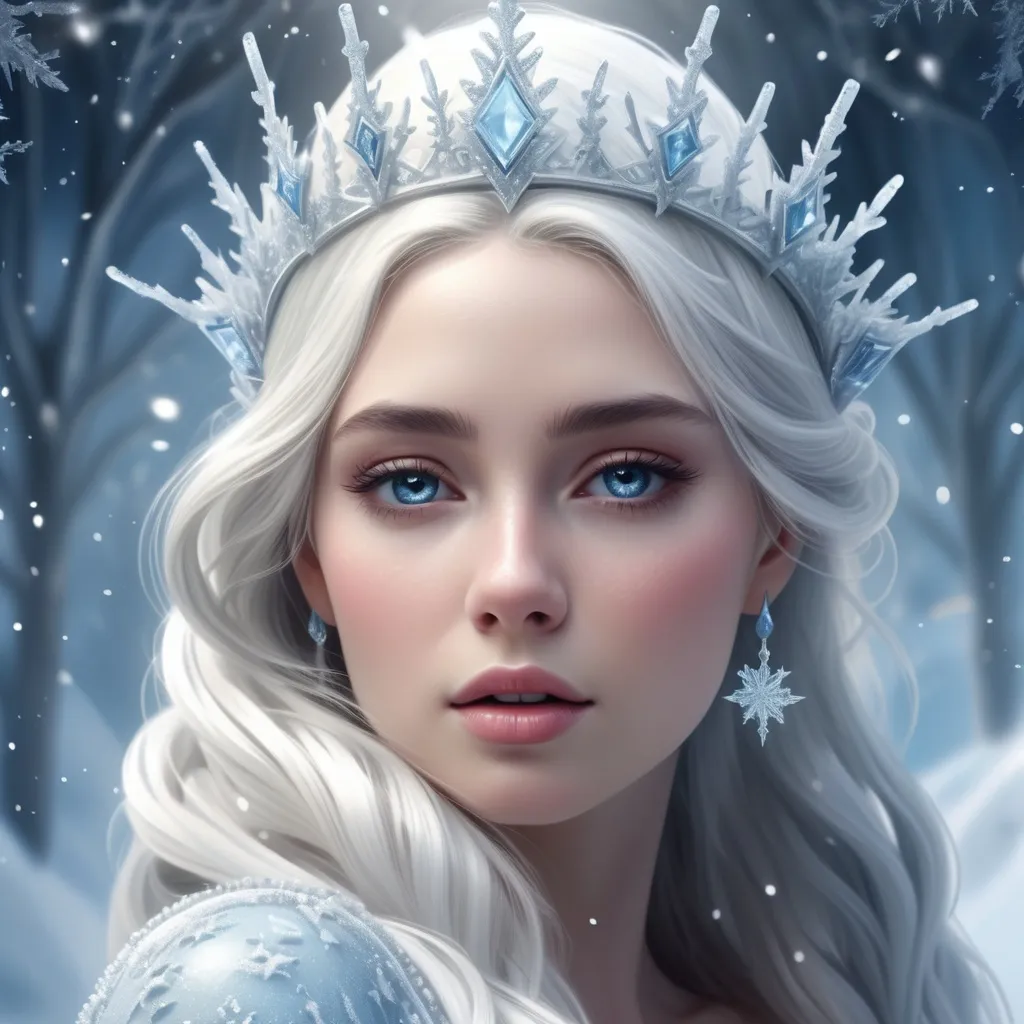 Prompt: (ice queen), ethereal beauty, glistening ice crystals, flowing icy gown, detailed ornate crown, frosty blue and silver tones, sparkling snowflakes in the air, majestic winter landscape, enchanting atmosphere, bright white light contrasts with cool shades, high detail, ultra-detailed, 4K quality, captivating and magical ambiance.