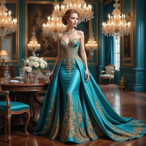 Prompt: Bathed in a soft golden glow from the ornate chandeliers above, a stunning young woman stands gracefully in a lavishly decorated room, wearing a captivating turquoise gown that elegantly trails behind her. The strapless dress features intricate golden embroidery that accentuates her silhouette and adds a touch of opulence, while her polished hairstyle and delicate earrings enhance the overall glamour of her look. Surrounding her, soft, white floral arrangements rest elegantly on a polished wooden table, contributing to the luxurious ambiance of the space, adorned with rich teal walls and classical art. The interplay of light and color exudes a sense of sophistication and grandeur, evoking a narrative of elegance and celebration.