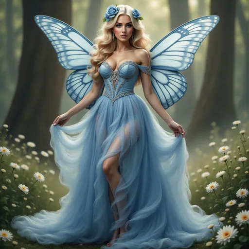 Prompt: In a magical forest setting, a stunning figure imbued with fairy-like qualities captivates the scene, her large, delicate wings resembling those of a butterfly fluttering gently in the soft breeze. She wears a flowing, ethereal gown in shades of blue, which cascades around her in billowy layers, accentuating her enchanting silhouette. Her long, wavy hair is adorned with a floral crown, harmonizing beautifully with the natural surroundings adorned with blooming daisies and lush greenery. Bathed in dappled sunlight filtering through the trees, the atmosphere evokes a serene and whimsical mood, as if she has stepped out of a fantastical tale, embodying grace and ethereal beauty. The composition draws the eye to her poised stance, inviting viewers into a realm where nature and magic intertwine.