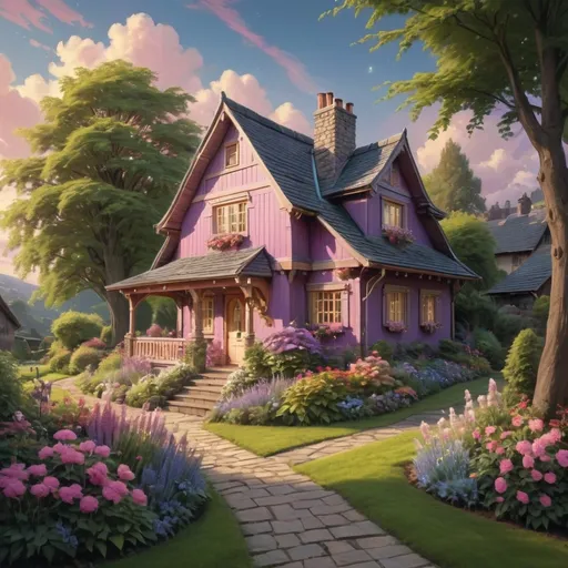 Prompt: Nestled in a picturesque landscape, a charming wooden house stands proudly under a vibrant sky painted with soft hues of gold and pink, indicating the approach of dusk. The house's inviting facade features a steep, slate roof and cheerful blue accents, including a front door that opens onto a gently curved pathway. Lush gardens filled with colorful flowers—rich purples, soft pinks, and sunny yellows—frame the entrance, while broad trees provide a sense of serenity, their leaves rustling gently in the mild breeze. The scene encapsulates a warm, idyllic atmosphere, suggesting a peaceful retreat amid nature's beauty, inviting contemplation and a sense of home.